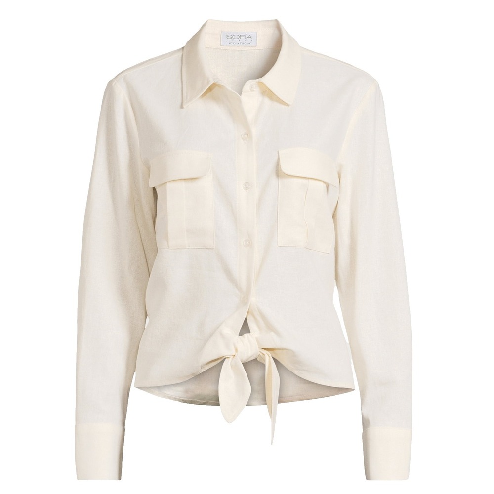 Sofia Jeans Womens Tie Front Top XL Whisper White Linen Blend Chest Pockets